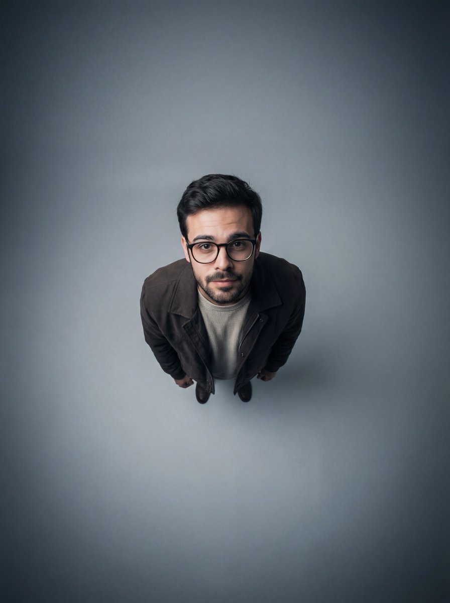 Cinematic Overhead Portrait with Wide-Angle Distortion