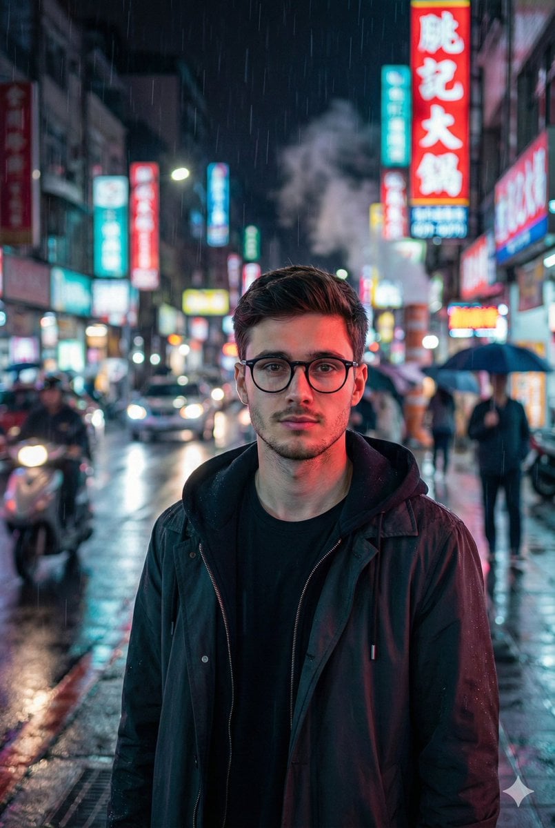 Photorealistic East-Asian Neon Night Portrait Prompt