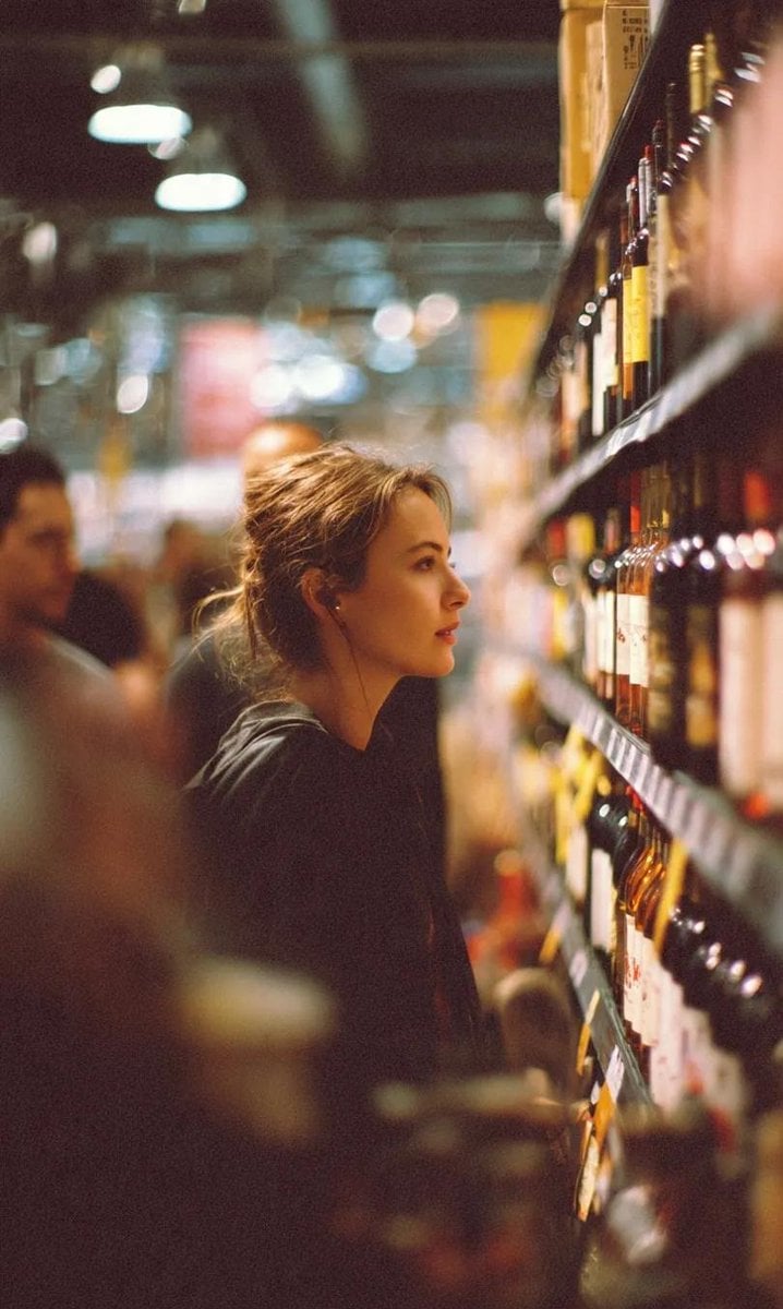 A cinematic side-profile portrait of a young woman standing in a grocery