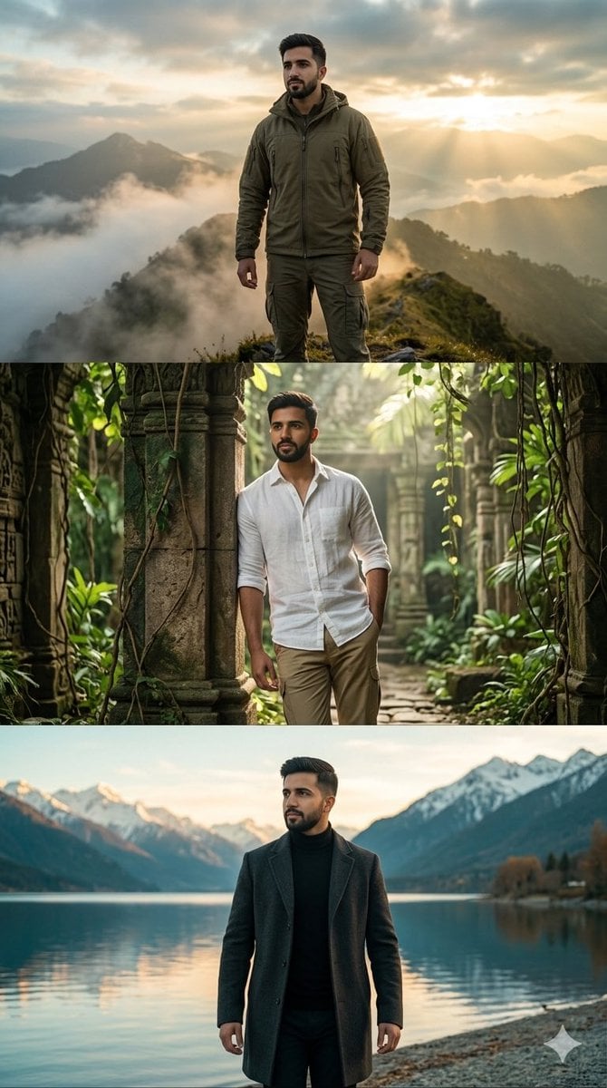 Hyper-realistic three-panel vertical cinematic collage in 9 16 aspect