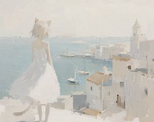 Minimalist Cat Girl Seaside Painting