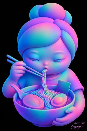 Neon Chibi Girl Eating Ramen