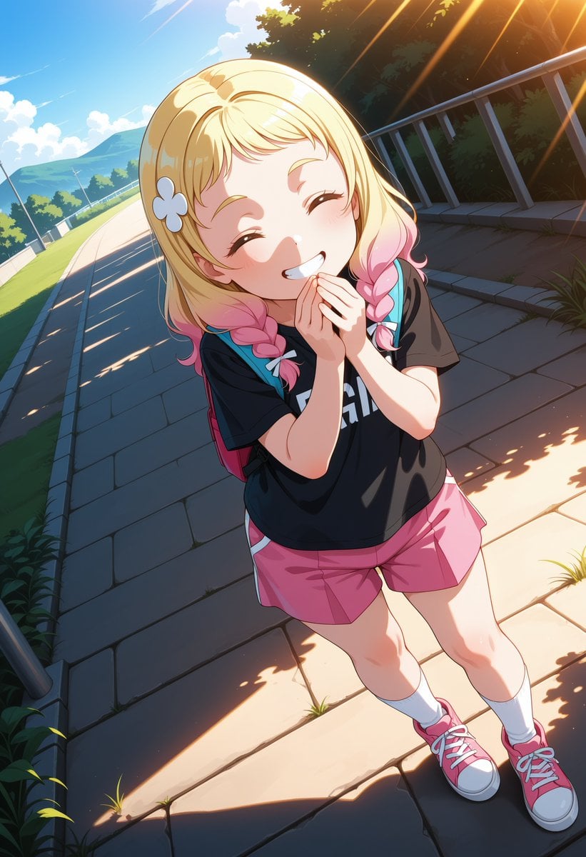 Cheerful Anime Girl on Sunny Sidewalk