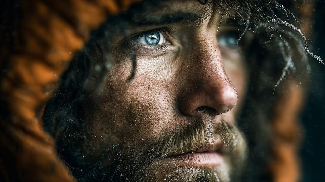Intense cinematic close-up portrait conveying survival, resilience