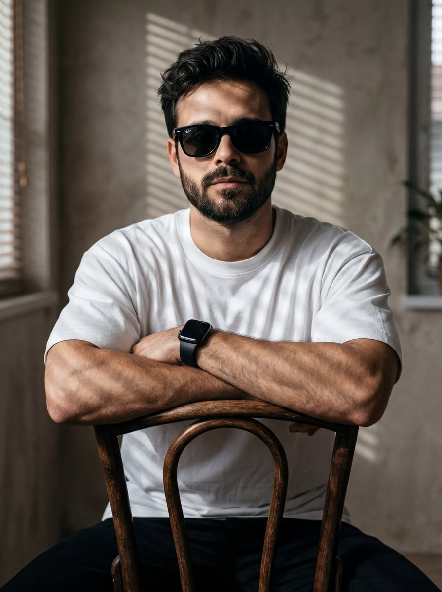A high-resolution, cinematic portrait of a young man with messy