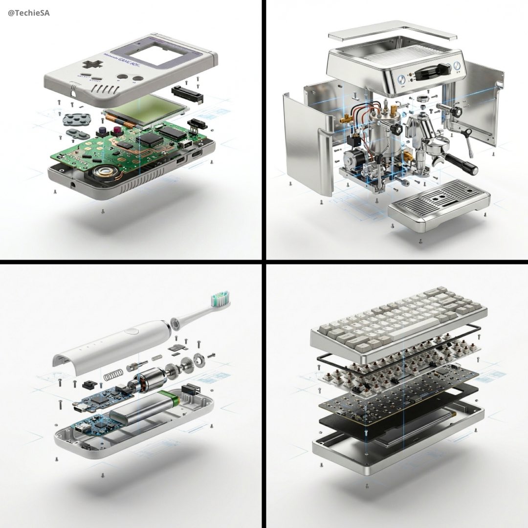 High-end product advertising, white seamless background, exploded view