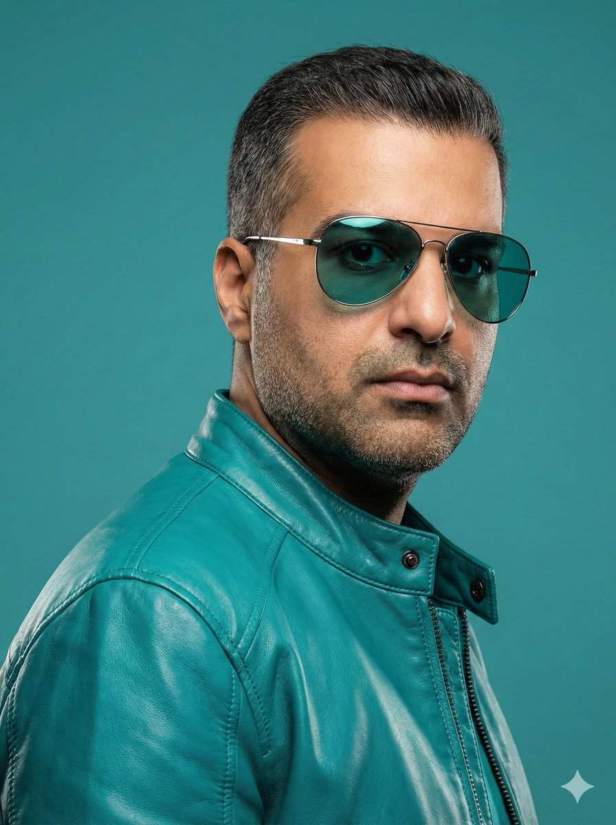 Teal Leather Jacket Studio Portrait Prompt