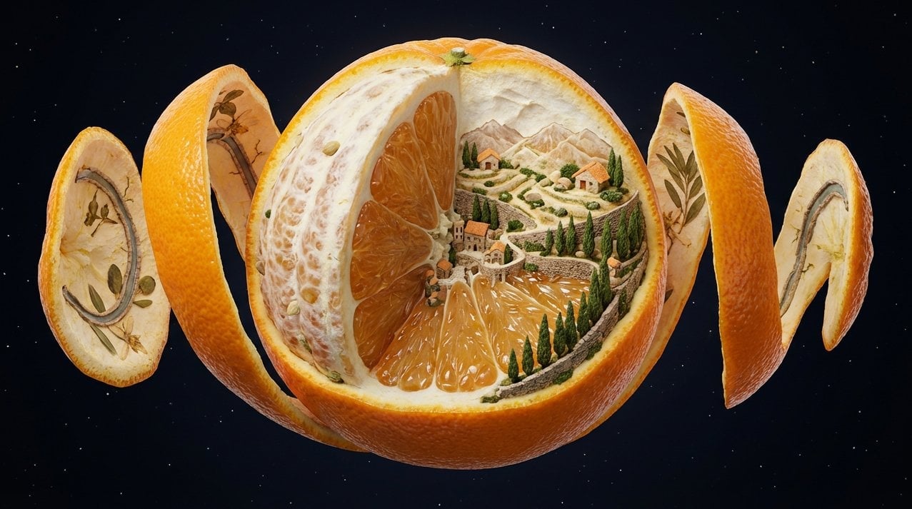A single suspended in space, frozen mid-peel as its outer skin curls