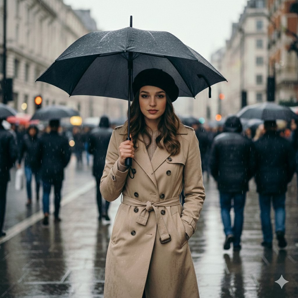 Ultra-cinematic, hyper-realistic rainy street portrait with shallow