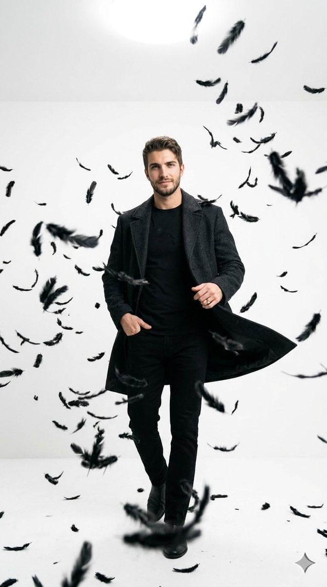 Cinematic Studio Portrait with Floating Feathers