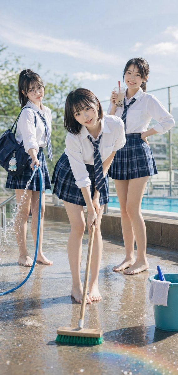 Poolside School Cleaning Scene