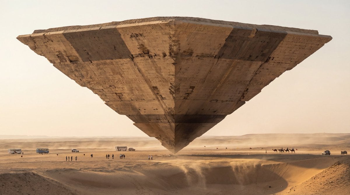 Photorealistic Ultra-Wide Desert Scene with Inverted Pyramid