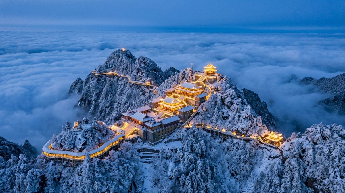 Spectacular Aerial View of Laojun Mountain Temple in Winter