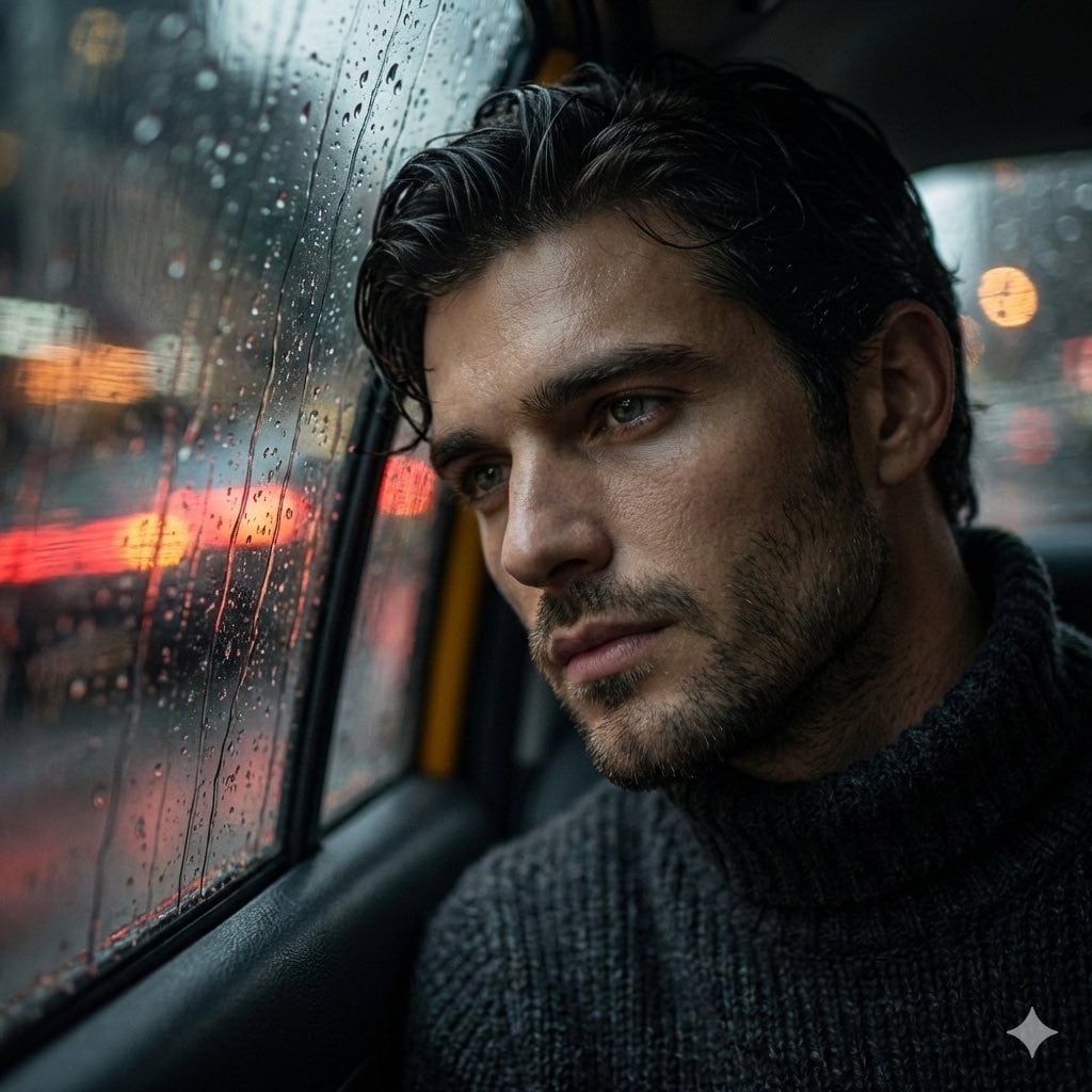 Cinematic Close-up in a Rainy Taxi