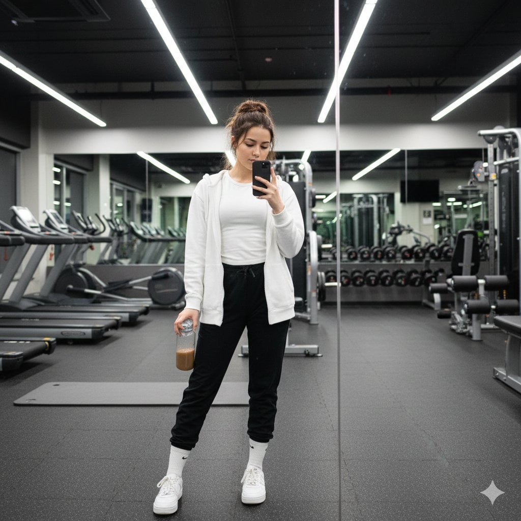 Gym Mirror Selfie with Identity Lock Prompt