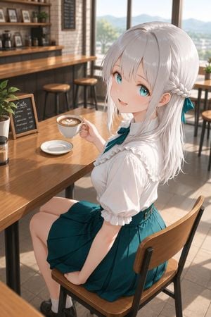 Silver-Haired Girl in Sunny Café