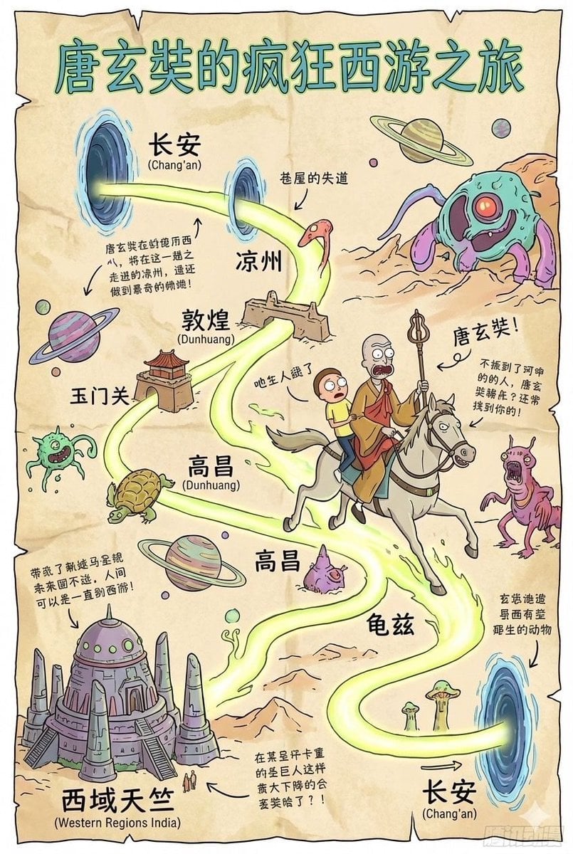 Tang Xuanzang journey route in Rick and Morty style