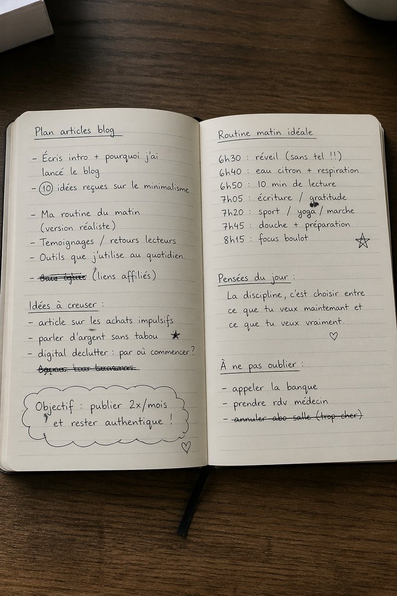 Open Notebook with French Handwritten Plans