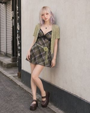 Pistachio Crochet Cardigan and Plaid Mini Dress