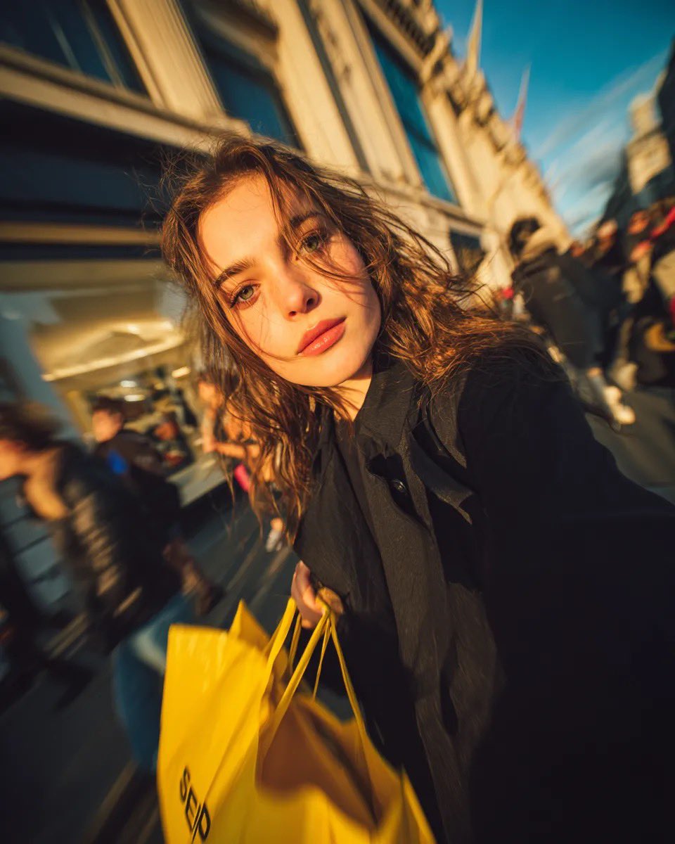 Cinematic street portrait of a young woman walking through a busy