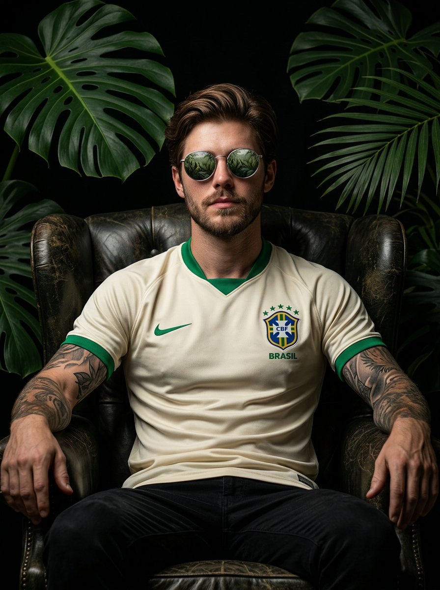 Cinematic portrait of a confident football player sitting on a dark