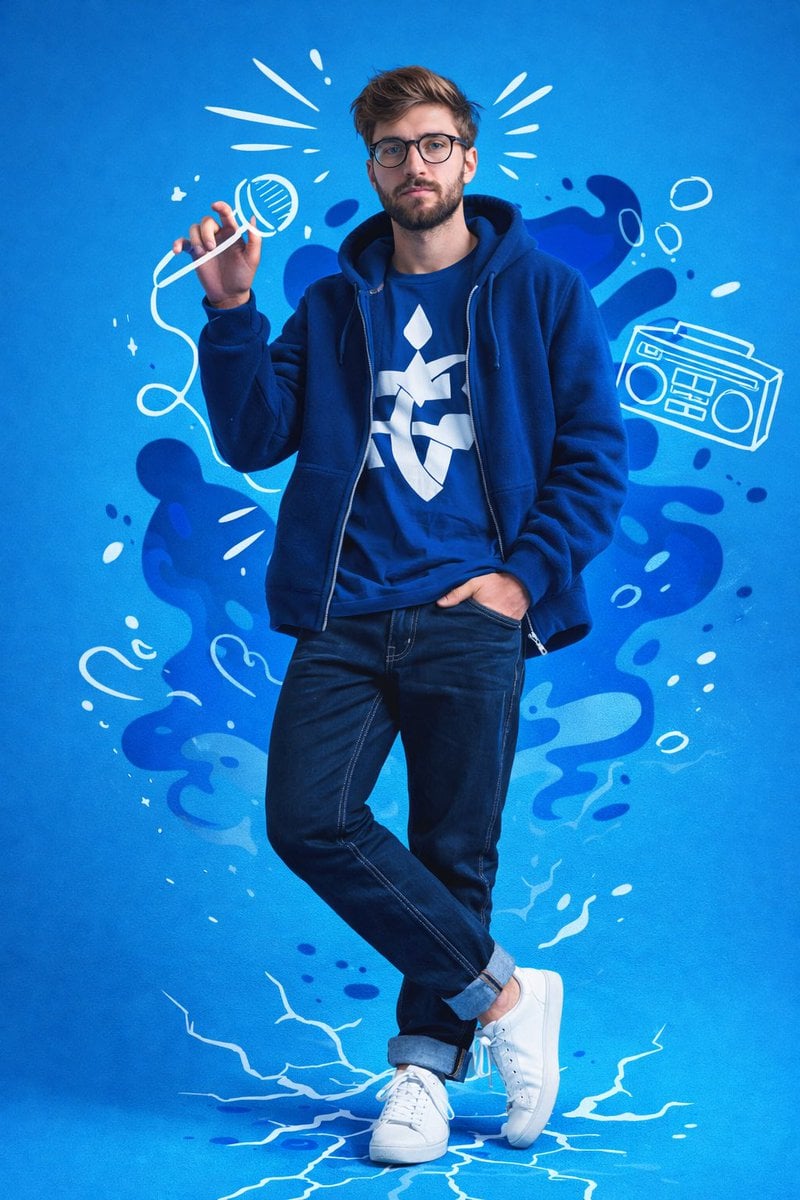 A full-body studio portrait of a young man in a dynamic, confident pose
