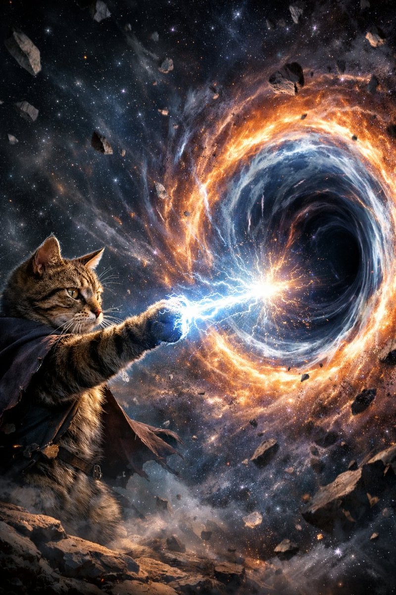 Surreal Cat Shooting Power to Open Wormhole
