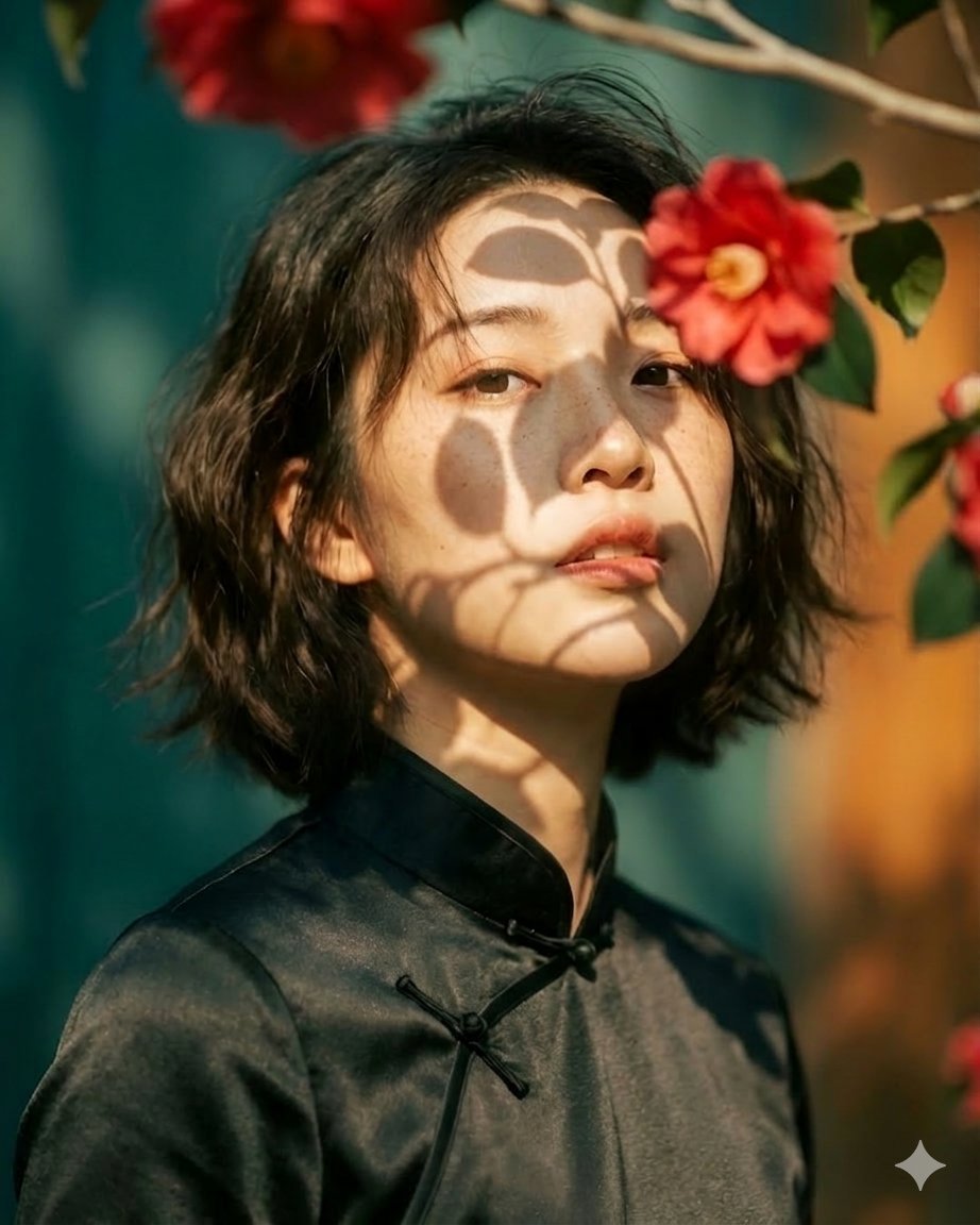 Artistic portrait of an elegant Asian woman wearing a black silk