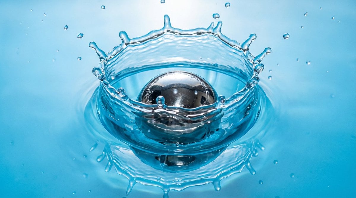Metal ball splashing into water (slow-motion feel)
