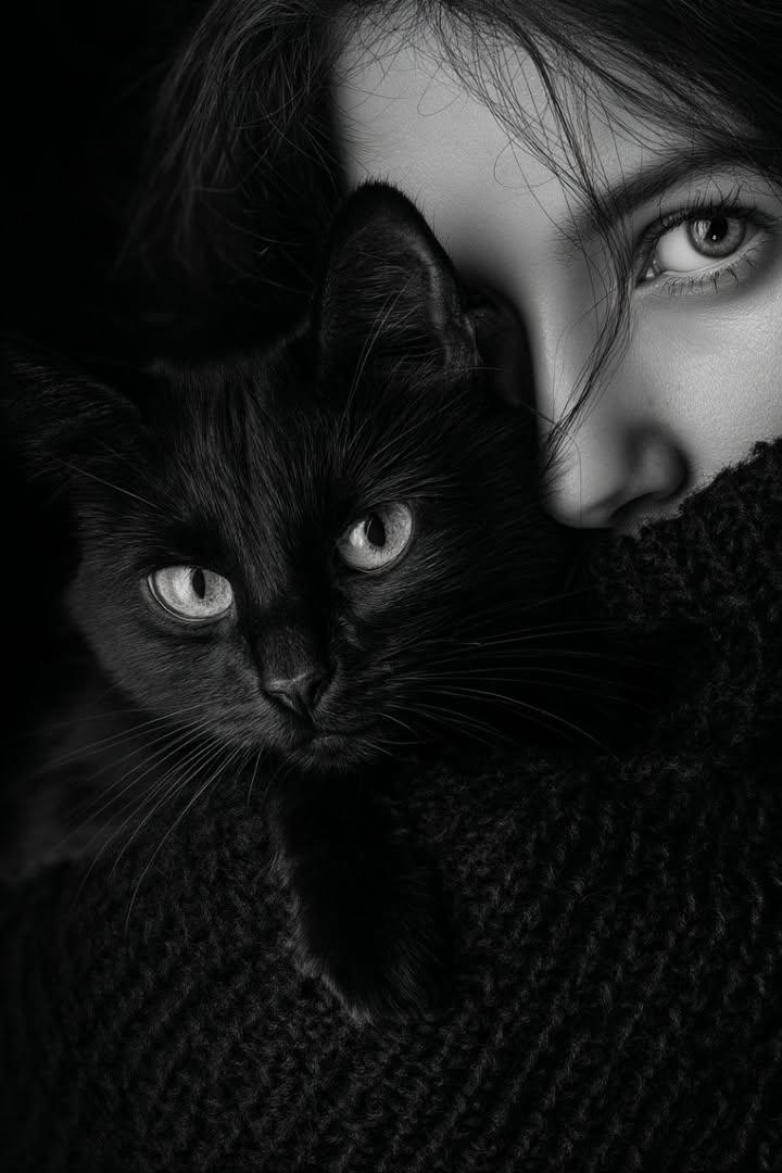 Moody Black and White Portrait with Cat