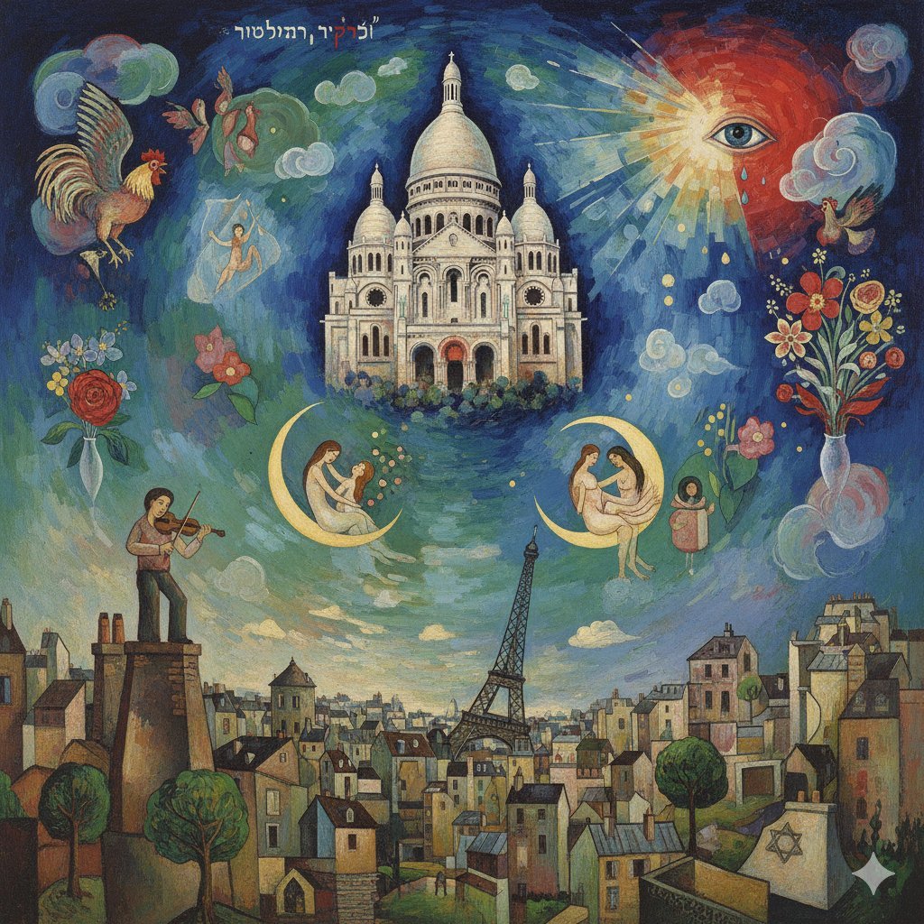 Chagall-style painting of Sacré-Cœur Basilica