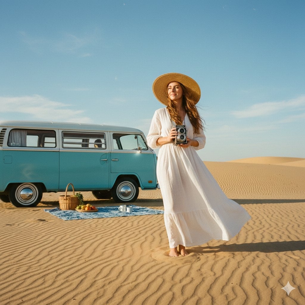 A wide shot of a woman in an airy white linen maxi dress