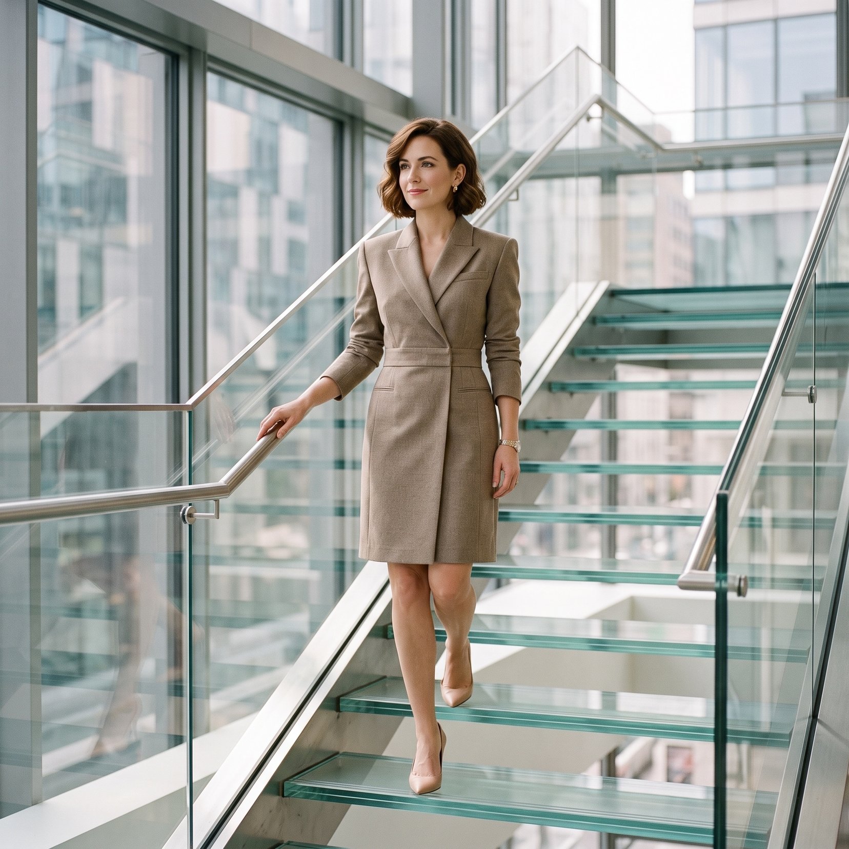Luxury editorial portrait of a woman on a glass staircase