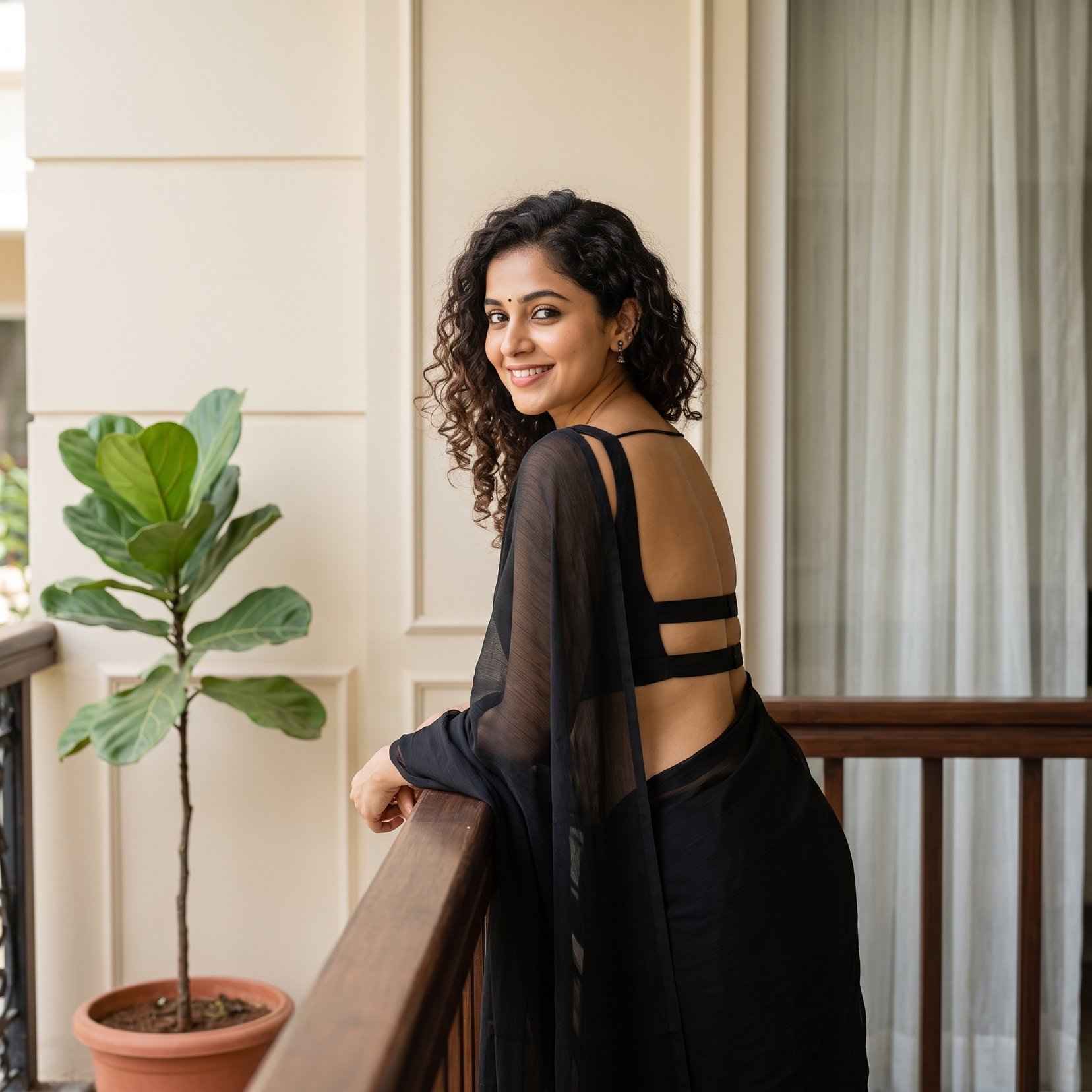 Woman in Backless Saree Leaning on Wooden Railing