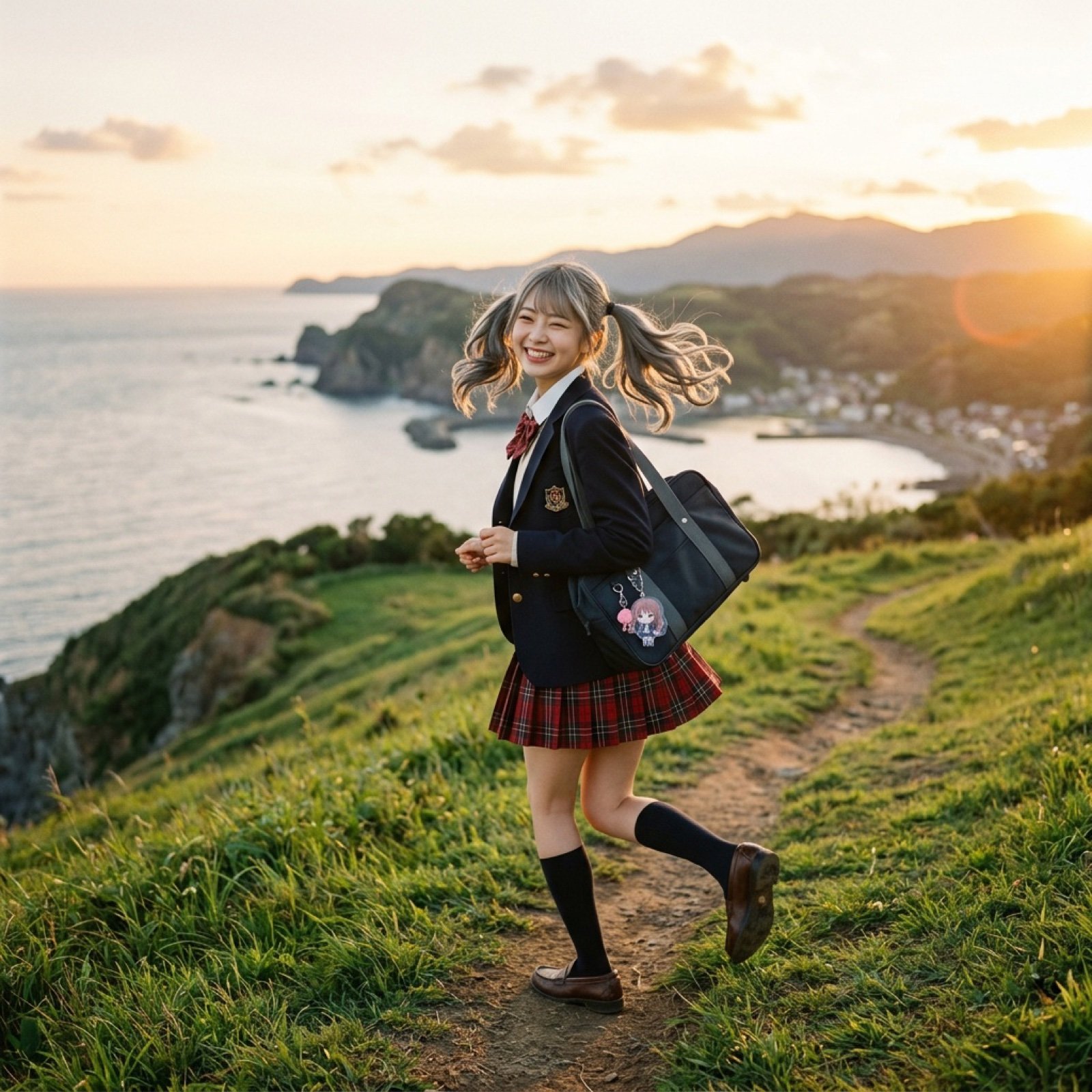 High School Girl Walking by the Sea Cinematic Video Prompt