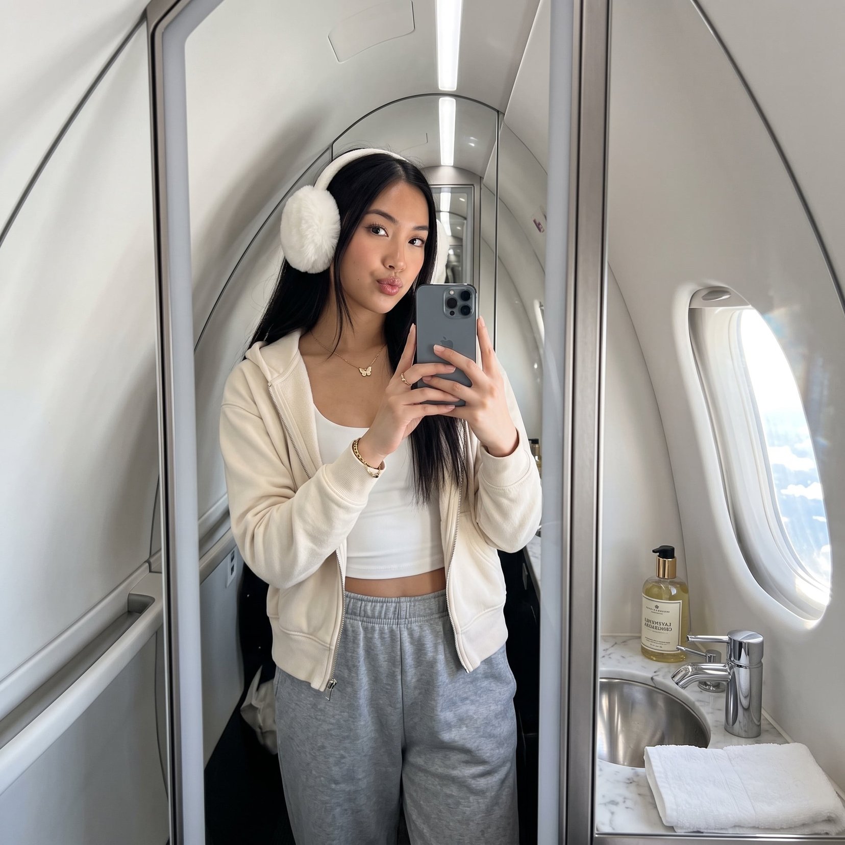 Ultra-Realistic Influencer Mirror Selfie in Private Jet Lavatory