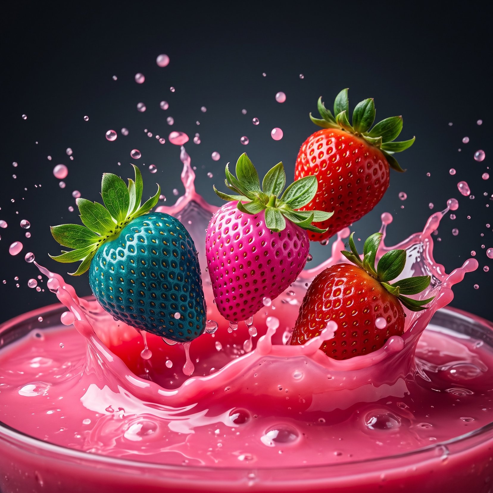 Hyper-realistic Strawberries Splashing in Liquid Prompt