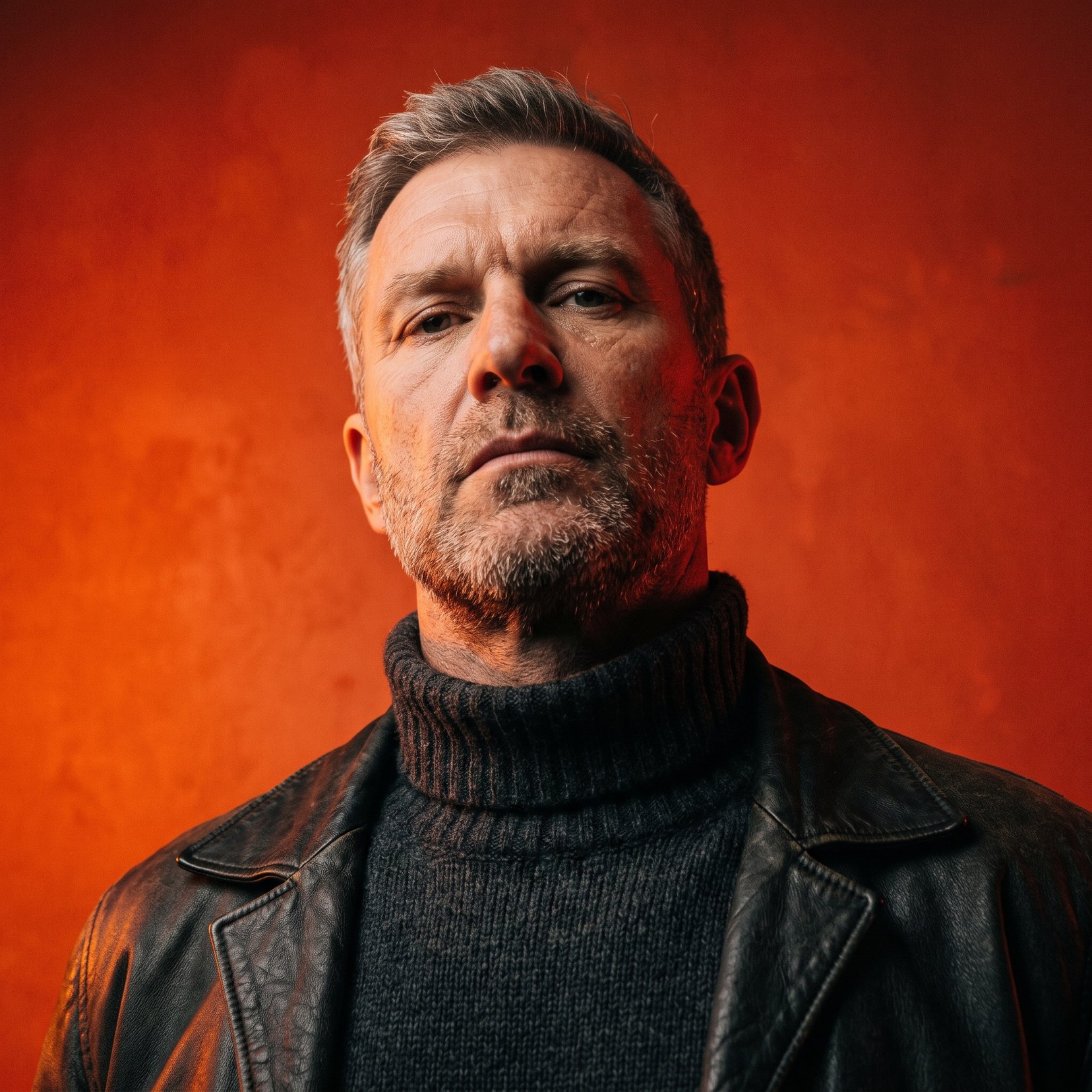 Dynamic Low-Angle Portrait with Orange-Red Background