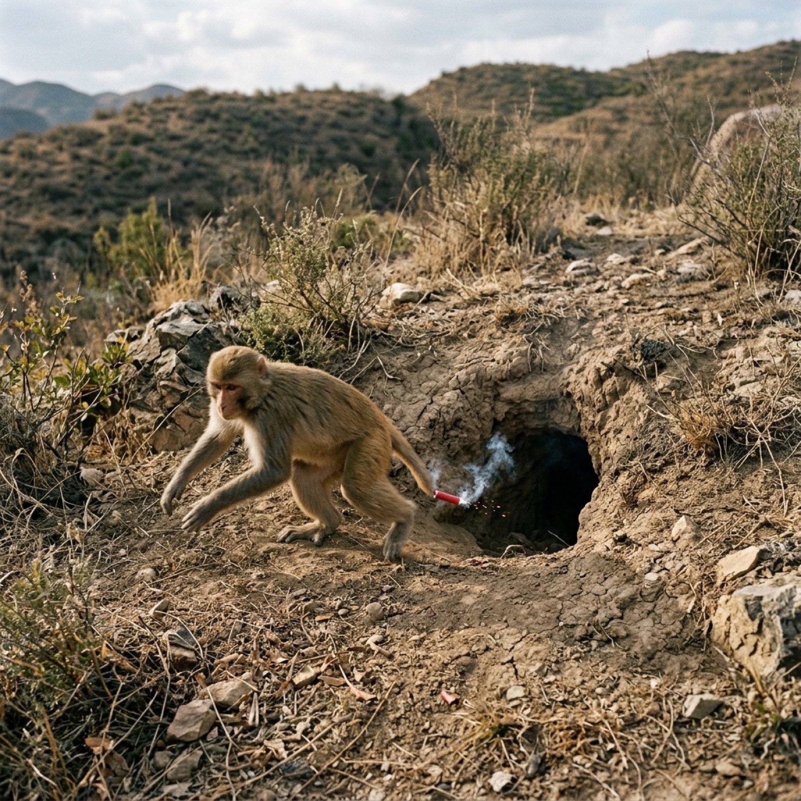 Video Generation Prompt: Monkey and Firecrackers