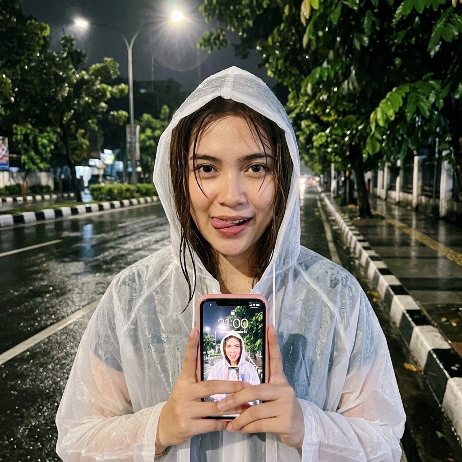 Nighttime Rainy Street Selfie Photo Edit Prompt