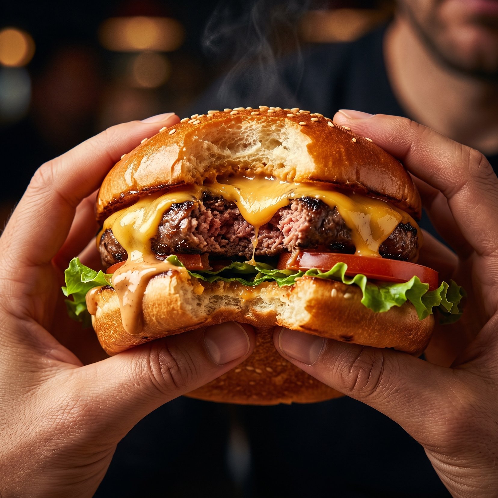 Hyper-Realistic Cinematic Food Action Shot of a Gourmet Burger Mid-Bite