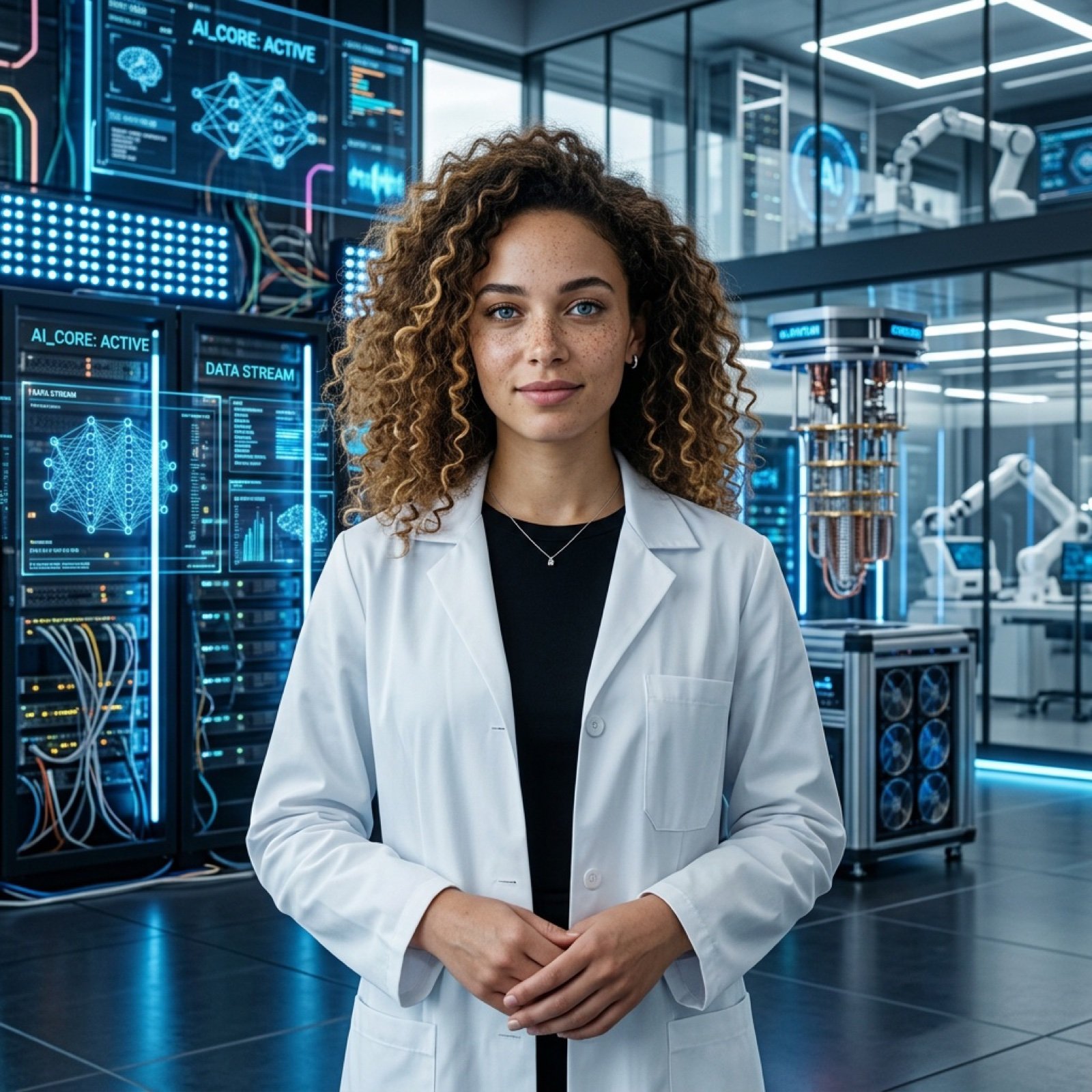 Photorealistic Scientist in Futuristic AI Lab
