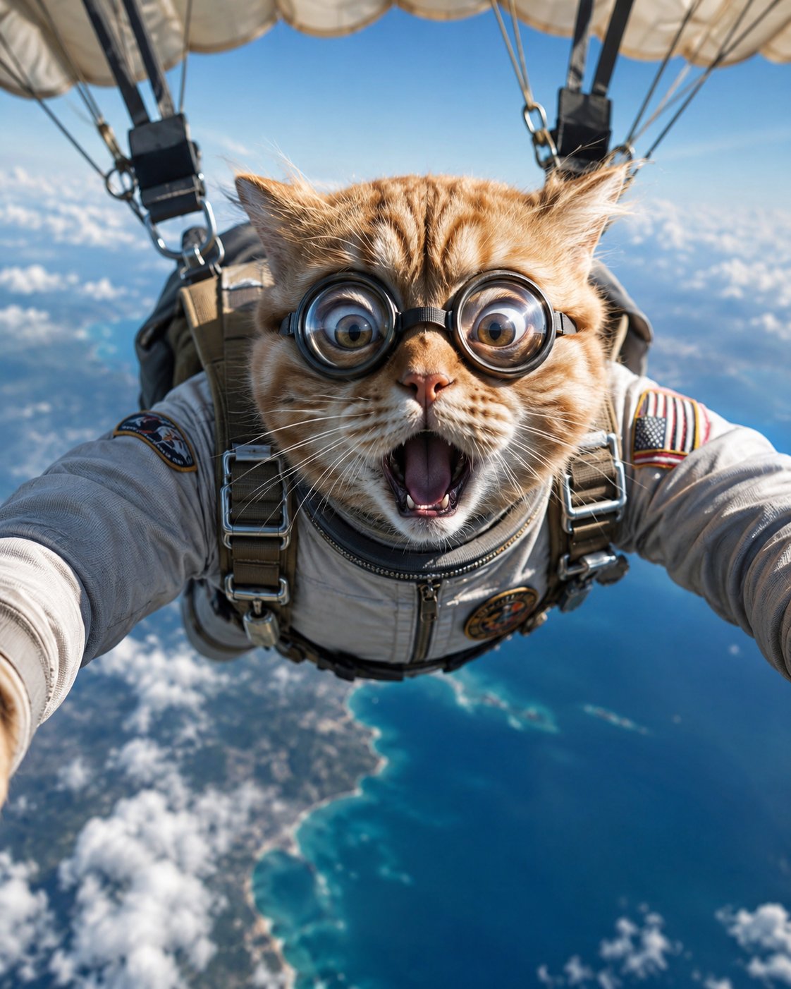 Surreal Cat Astronaut — Humanoid Face Freefall