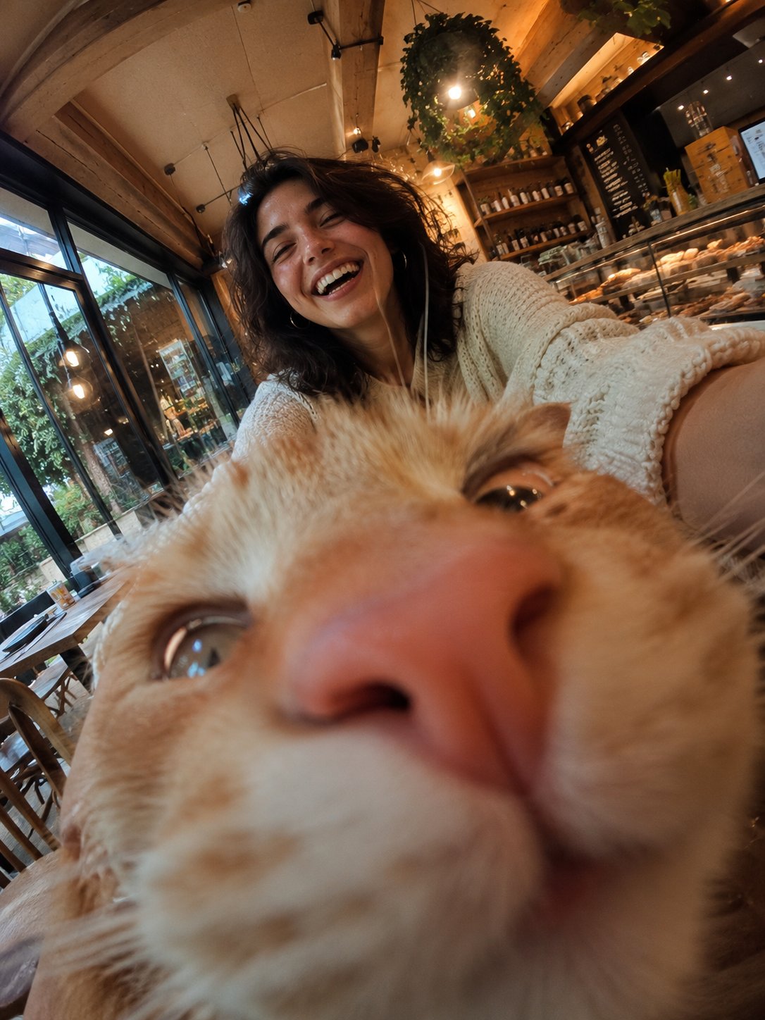 Cat Photobomb Selfie — 0.5x Wide Angle Café Chaos