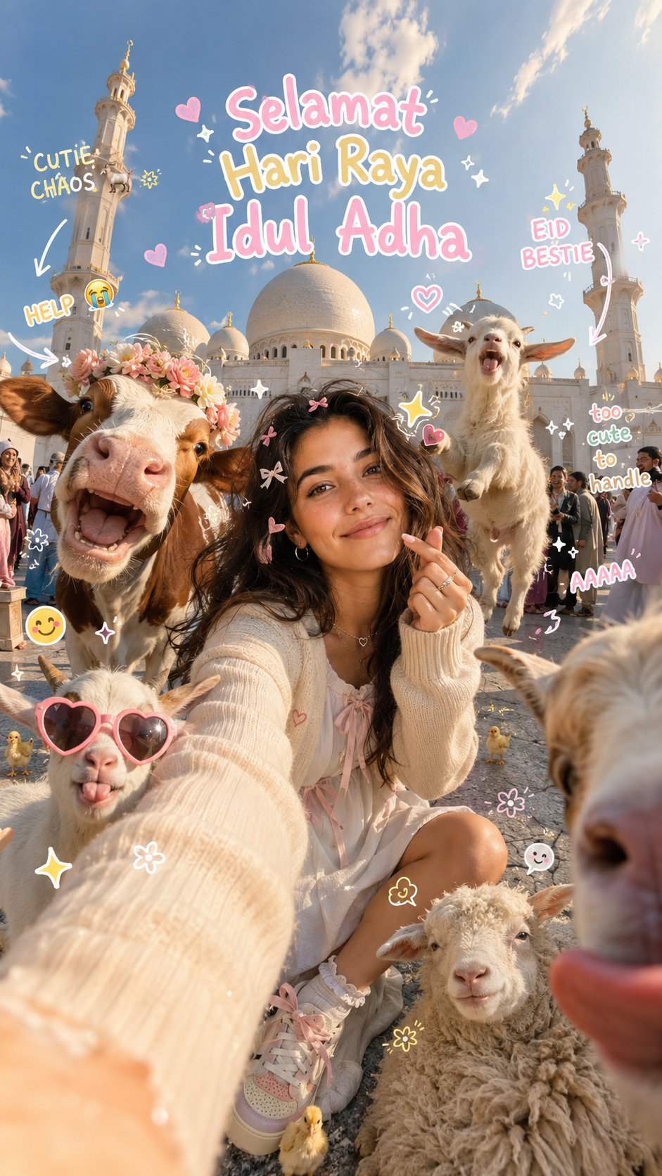 Eid al-Adha Cute Chaos — Fisheye Selfie with Farm Selfie, Mosque & Animals