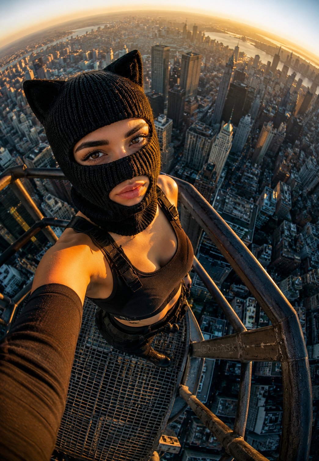 Rooftop Fisheye — Cat-Ear Balaclava at Golden Hour