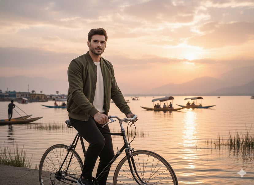 A realistic cinematic photograph of a handsome man riding a bicycle