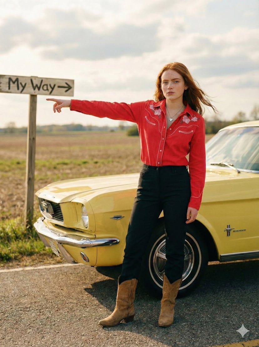 Standing beside the car, torso slightly angled, arm extended