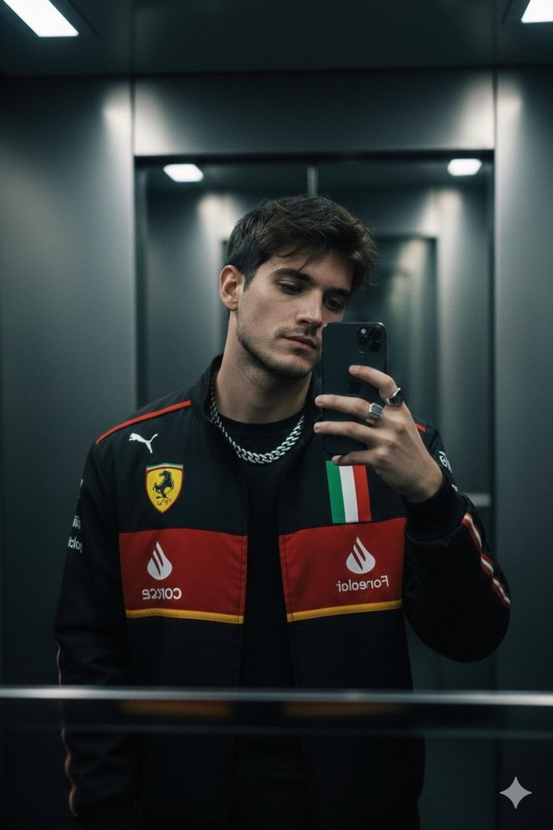 A moody cinematic mirror selfie of a stylish young man use image