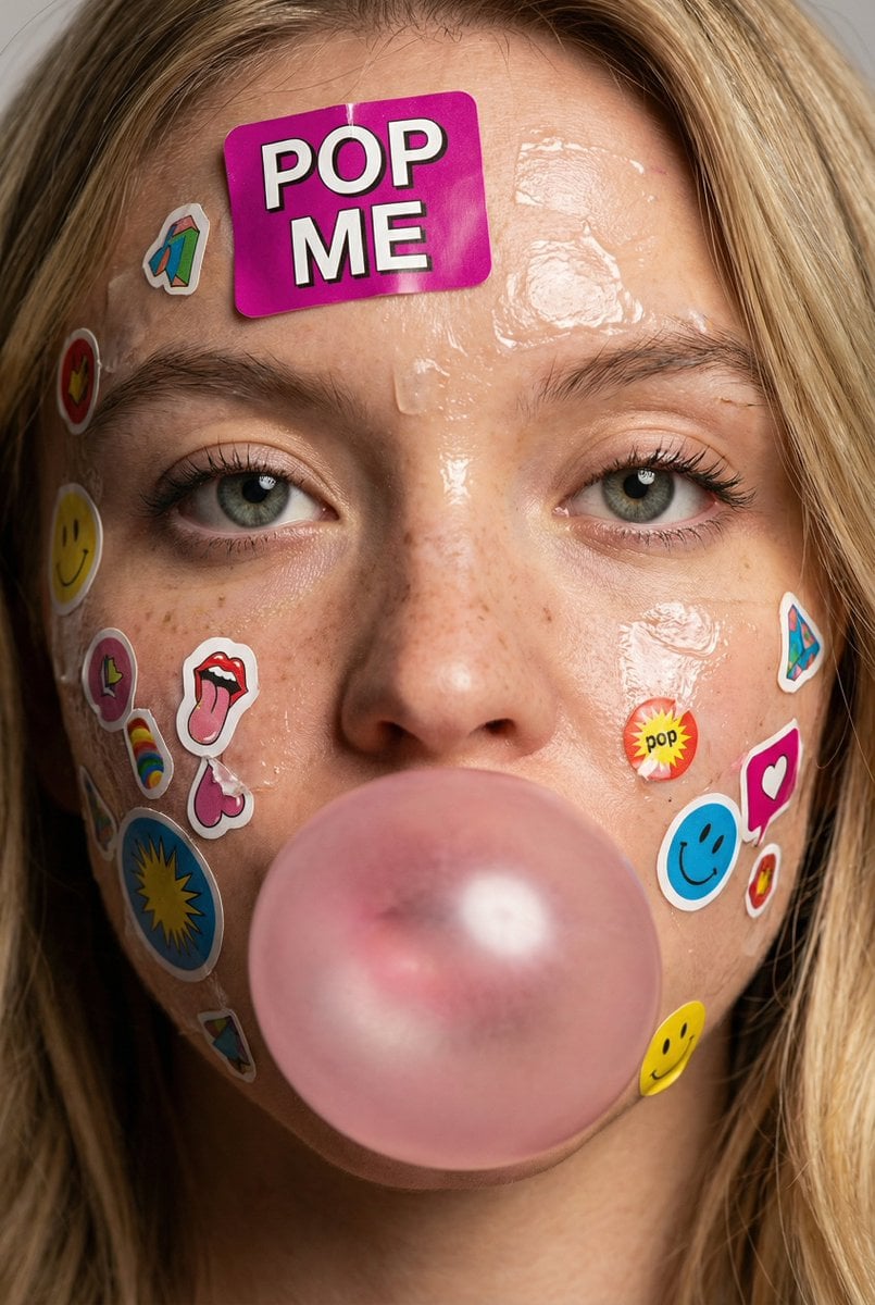 Close-up portrait of a young person s face covered with colorful paper
